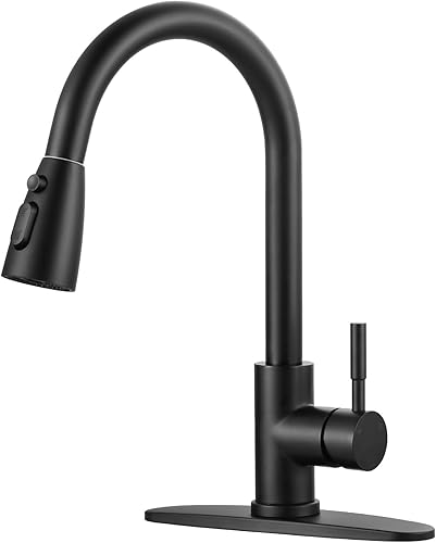 WOWOW Grifo de cocina negro con pulverizador, grifo de fregadero de cocina extraíble sin plomo, grifos de cocina de una sola manija de acero