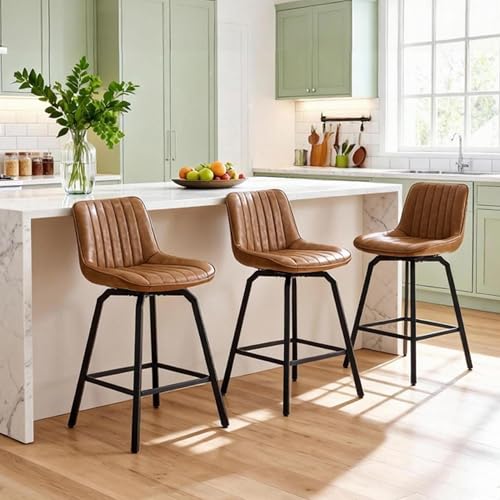 Image of 26 inch Counter Height Bar Stools Set of 4, 360Swivel Bar Stools Stripes PU Leather, Island Stools with Back and Metal Legs, Bar Chairs for Kitchen, Bar, Dining Room, Brown
