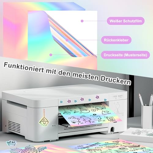 Stickerpapier Papier Zum Bedrucke 30Stk A4 Wasserdicht Bedruckbare Klebefolie Holografische Farbe Vinyl Sticker Papier Selbstklebend Für Laserdrucker Tintenstrahldrucker Schnell Trocknen 21x29,7cm