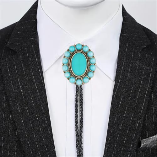 Image of GelConnie Bolo Tie for Men Women Western Cowboy Turquoise Leather Necktie | Natural Stone Bolo Tie Necklace for Women Rodeo Cowboy Leather Necktie Native American Western Cowgirl Ties Adjustable Cord