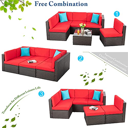 Vongrasig 6 Piece Small Patio Furniture Sets, Outdoor Sectional Sofa All Weather Pe Wicker Patio Sofa Couch Garden Backyard Conversation Set With Glass Table,Red Cushions And Blue Pillows (Red) #TOP5