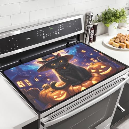 Image of Cat Pumpkin Stove Top Covers for Electric Stove Heat Resistant Stove Mat with Anti-Slip Rubber Base Folding Dish Drying Mat for Kitchen Easy to Clean Halloween Decor for Kitchen