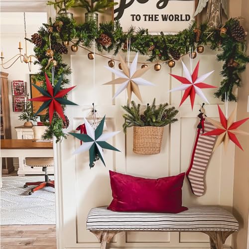 Image of 12 Inches 5 PCS Cindy Paper Star Lanterns Red Green White Christmas Party Decorations Hanging Stars Christmas Party Decorations Wedding Birthday Christmas Home Party Decorations(9 Pointed)