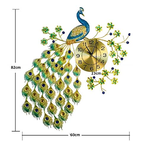 Image of RONTENO Metal 3D Peacock Big Size Analog Wall Clock For Home (Gold Blue, 32 Inches X 24 Inches) - Birds Theme