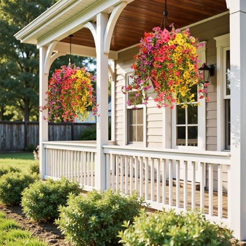 Wanderroot 6 Bundles Artificial Flowers for Outdoors, UV Resistant Fake Hanging Flower, Realistic Silk Flowers for Indoor Outside Garden Patio Balcony Farmhouse Porch (Fuchsia, Red, Purple, Yellow) - 5