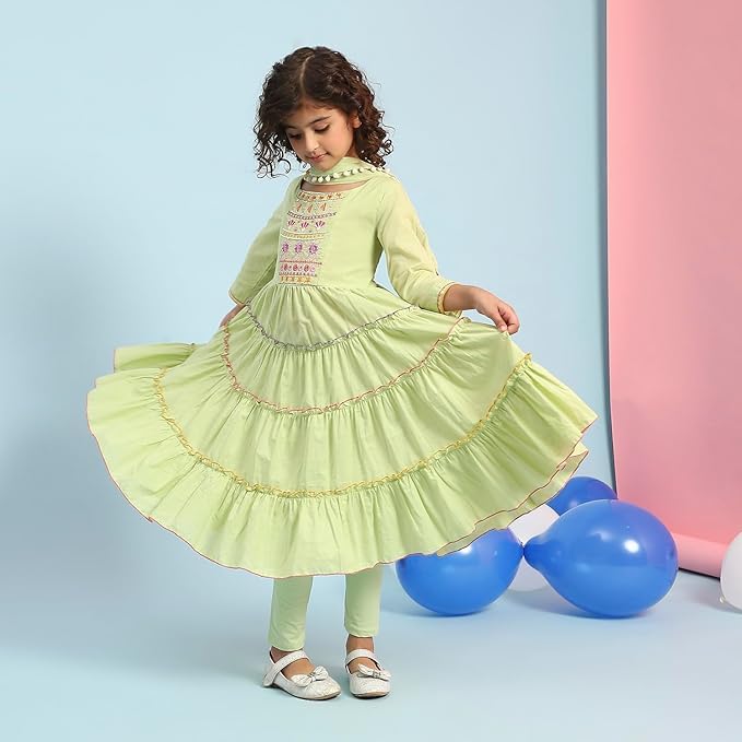 Image of Biba Girls 3 /4 Sleeve 100% Cotton Round Neck Kurta Set