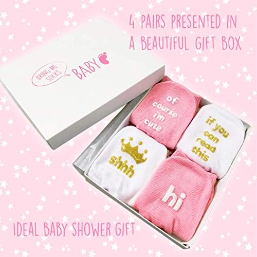 Baby Boys & Girls Socks Gift Set - Unique Baby Shower or Newborn Gift For Him or Her - 4 Pairs of Cute Quotes in Gift Box