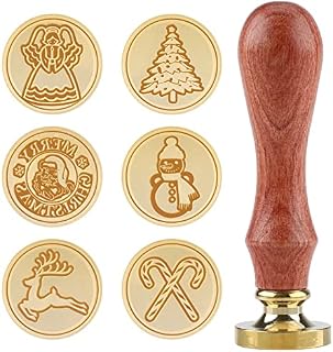 Christmas Wax Seals and Stamps Kit 6 Pieces Wax Sealing Wax Stamps Copper Seals 25mm Removable Brass Head and 1 Pc Wood Handle Wax Stamp Kit for Christmas Cards Envelopes, Invitations, Wine Packages