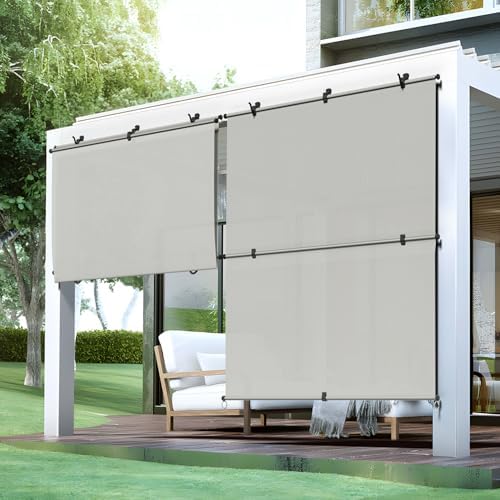 Bynbbur 4'W x 6'H Outdoor Patio Shades Foldable Roller Blinds, 220 GSM Sun Shade Roll Up Porch Screens Exterior Shade Cloth for Deck Pergola Backyard, Light Gray