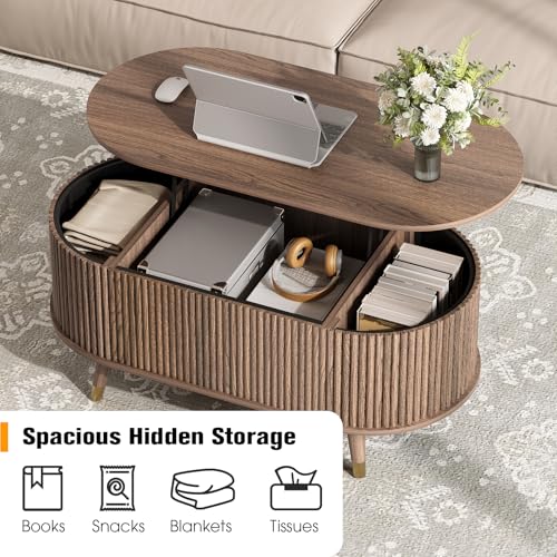 Image of JOINICE Oval Lift Top Coffee Table with Storage for Living Room,43 inch,Walnut | Large Hidden Storage,Mid Century Fluted Panel,Pop Up Center Table with Wooden Legs,Lifts to 22.4 inch,Holds 88lbs,Easy Assembly
