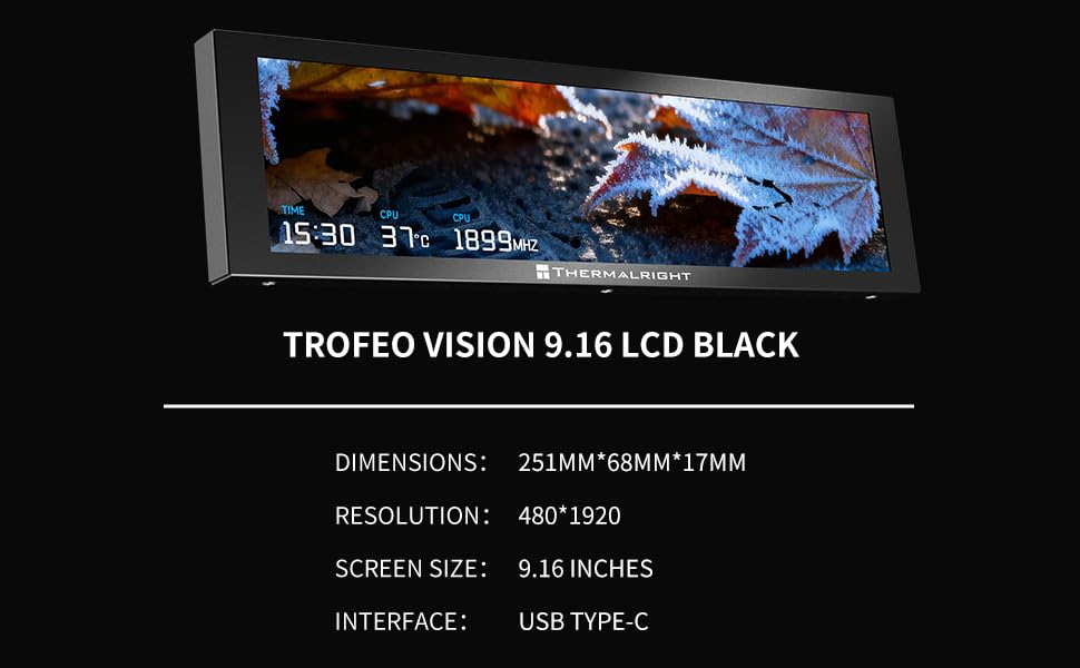 Image of Trofeo Vision 9.16 LCD Black, 9.16-inch Full-Color LCD Magnetic Display Screen, 1920x480 Resolution, Easy to Install,Master CPU /GPU Temperature(Black)