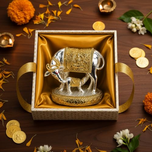 Image of KYAT Pure 999 Fine Silver Kamdhenu Cow with Calf Idol Elephant Pair (Kamdhenu Gold & Silver- 2.5'')