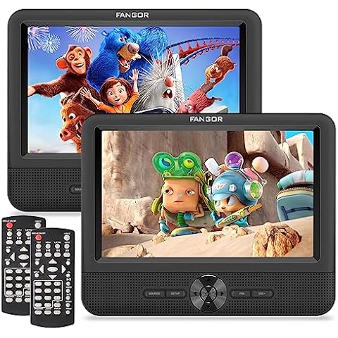 FANGOR 7.5" Dual Portable DVD Player for Car, Car DVD Player Dual Screen Play a Same or Two Different Movies with Headrest Strap, Regions F-r-e-e, Support Last Memory, AV out & in, USB/SD Card Cover