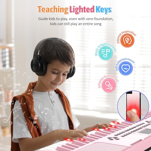 Miniatura 3 de Shayson Piano Digital Electrónico Para Niños Con Teclas Iluminadas, Portátil, De 61 Teclas, Juguete Musical Educativo Para Principiantes Con Atril Y Micrófono. Rosa