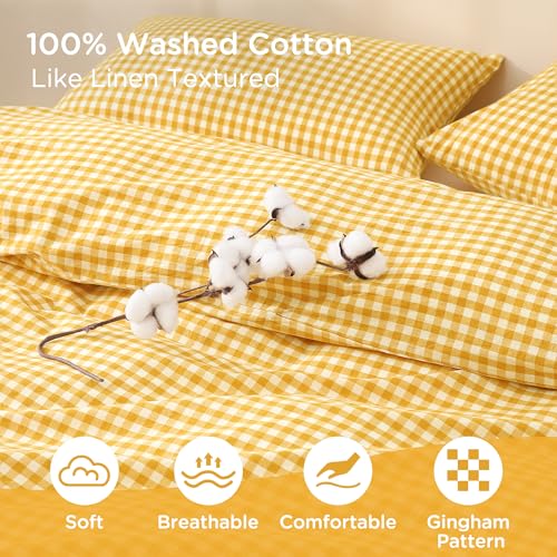 Image of TOCOMOA Yellow Gingham Duvet Cover Bedding Set 100% Washed Cotton Like Linen Feel Super Soft Comfortable 3 Piece Vintage Plaid Checkered Comforter Cover Set (Queen 90 inchx90 inch, Comforter Not Included)