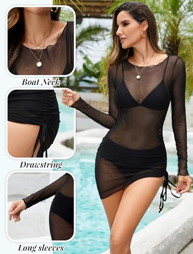 Bsubseach Mesh Swimsuit Coverup for Women Sheer Sexy Long Sleeve Dress Bikini Vacation Outfits3