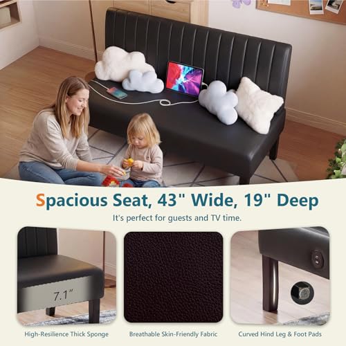Image of Black Leather Armless Loveseat with USB, Small Couch for Living Room | Mini Sofa and Love Seat, Compact Armless Couch with USB Charging Port, Bedroom Apartment Office Dorm Small Spaces, Black