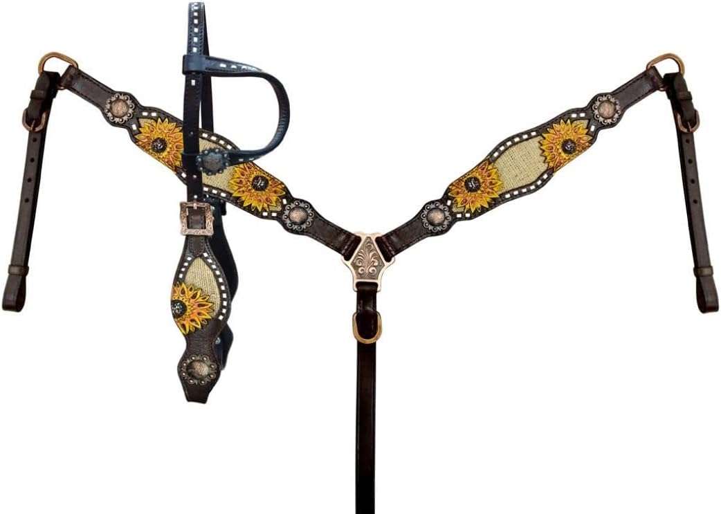 Showman Leather Headstall & Breast Collar Set w/Sunflower Accent & Burlap Inlay
