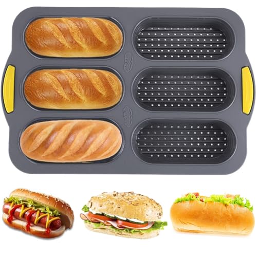 OUGETHER Hot Dog Bun Pan, 6 Cavity Silicone Bread Loaf Pan for Baking, Baguette Mold for Baking, Nonstick & Heat Resistant Proof Homemade Hotdog Bun Baking Pans, Sub Roll Bread Pan (Gray)