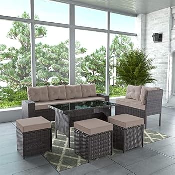 Alternative view of Gotland 7 Pieces Wicker Patio Furniture Set Outdoor Rattan Sofa Set All Weather with Dining Table & Ottomans Soft Cushions for Backyard Garden Poolside Balcony Sectional Conversation Couch Set