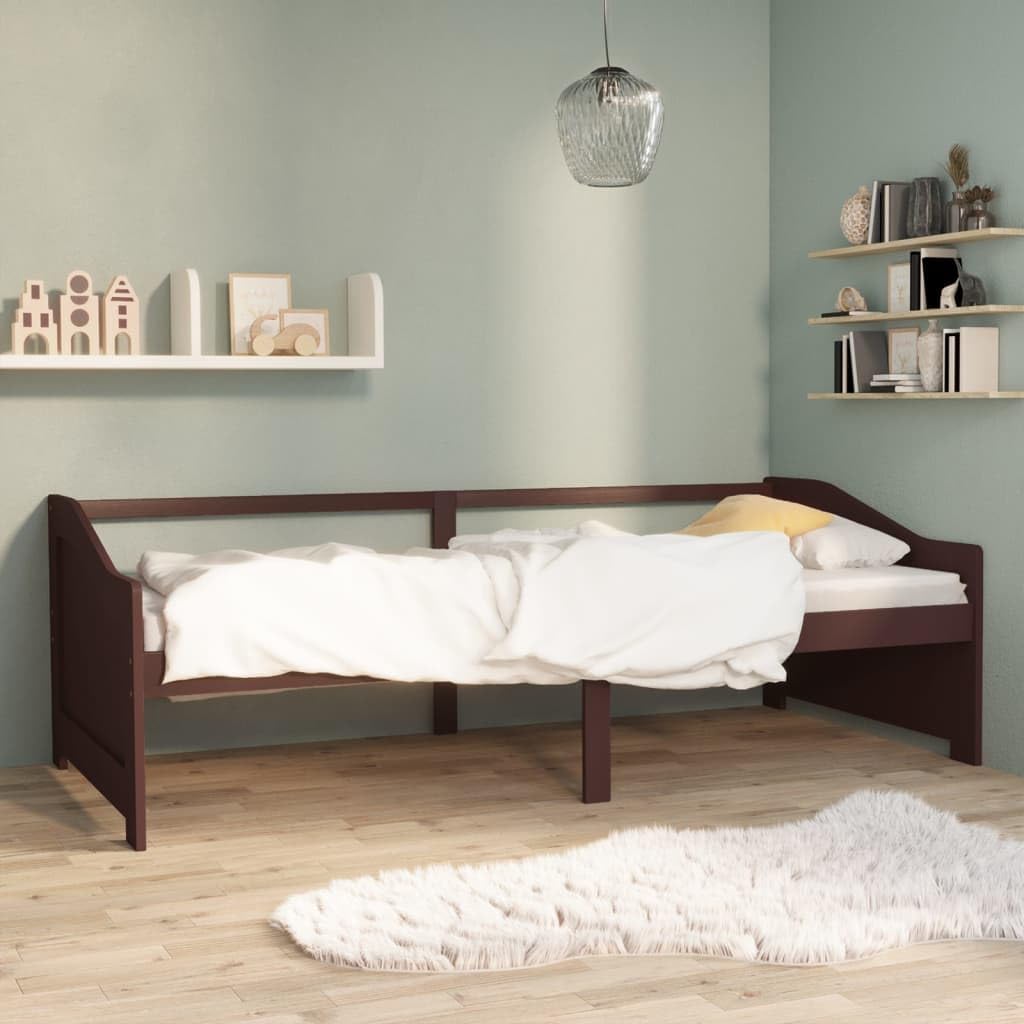 Cama de 3 plazas, color marrón oscuro, madera maciza de pino 90 x 200 cm, resistente estructura de cama para invitados, sofá cama con somier, diseño moderno