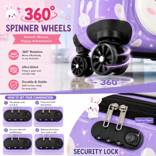 Image of Storite 18In Kids Luggage Trolley Hard Shell Cabin Suitcase | Cute Cartoon Bunny Design Suitcase Ideal For School Trips Vacations Holidays And Weekend Travel (Purple - 35 x 23 x 38 Cm)