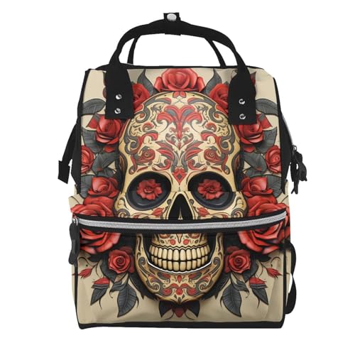 Sac à dos à langer rouge et rose grand format au motif crâne tendance