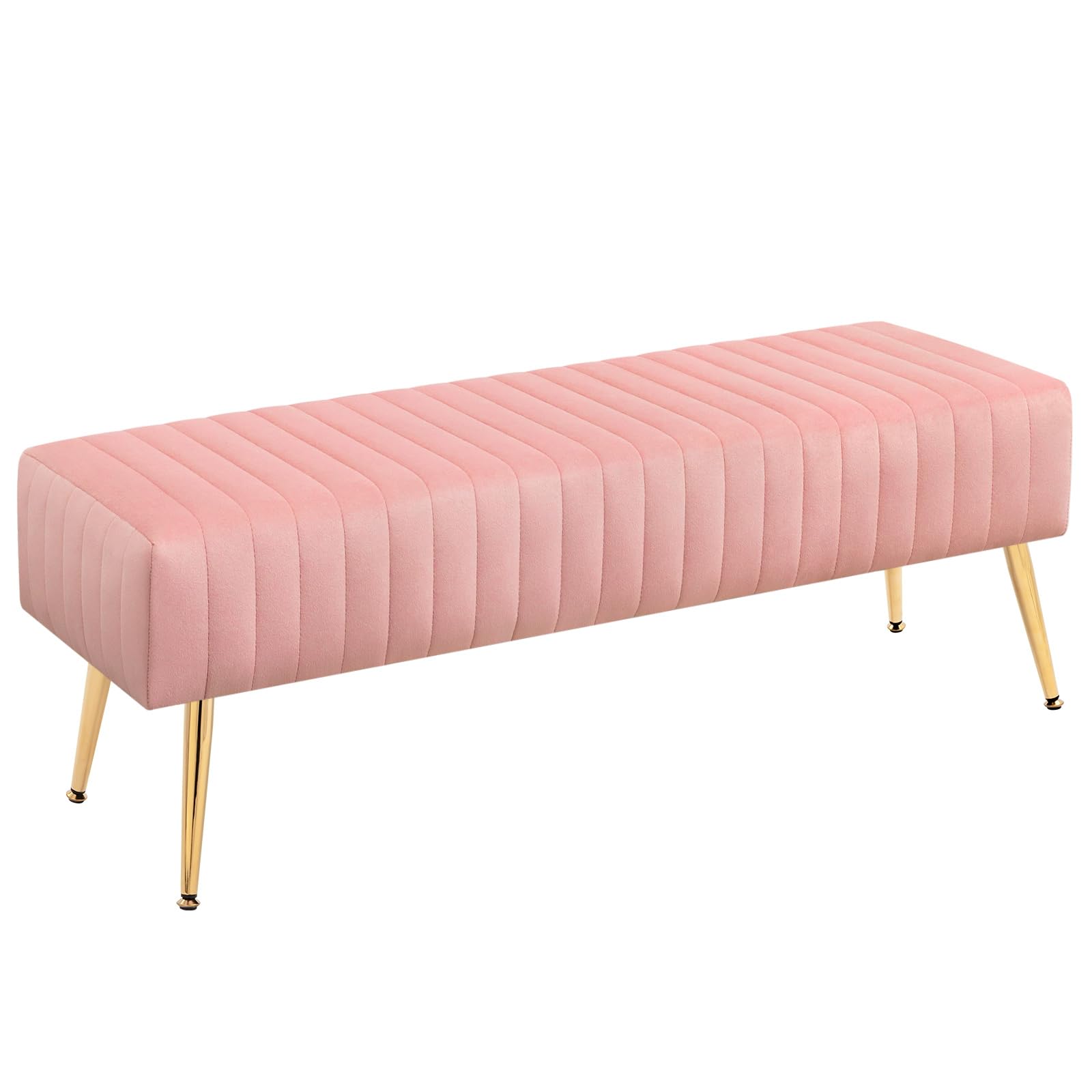 Furniliving 44 Inch Velvet Bench, Upholstered Tufted Striped Fabric Bedroom Bench with Golden Metal Legs, Ottoman for Living Room, Solid Wood Indoor