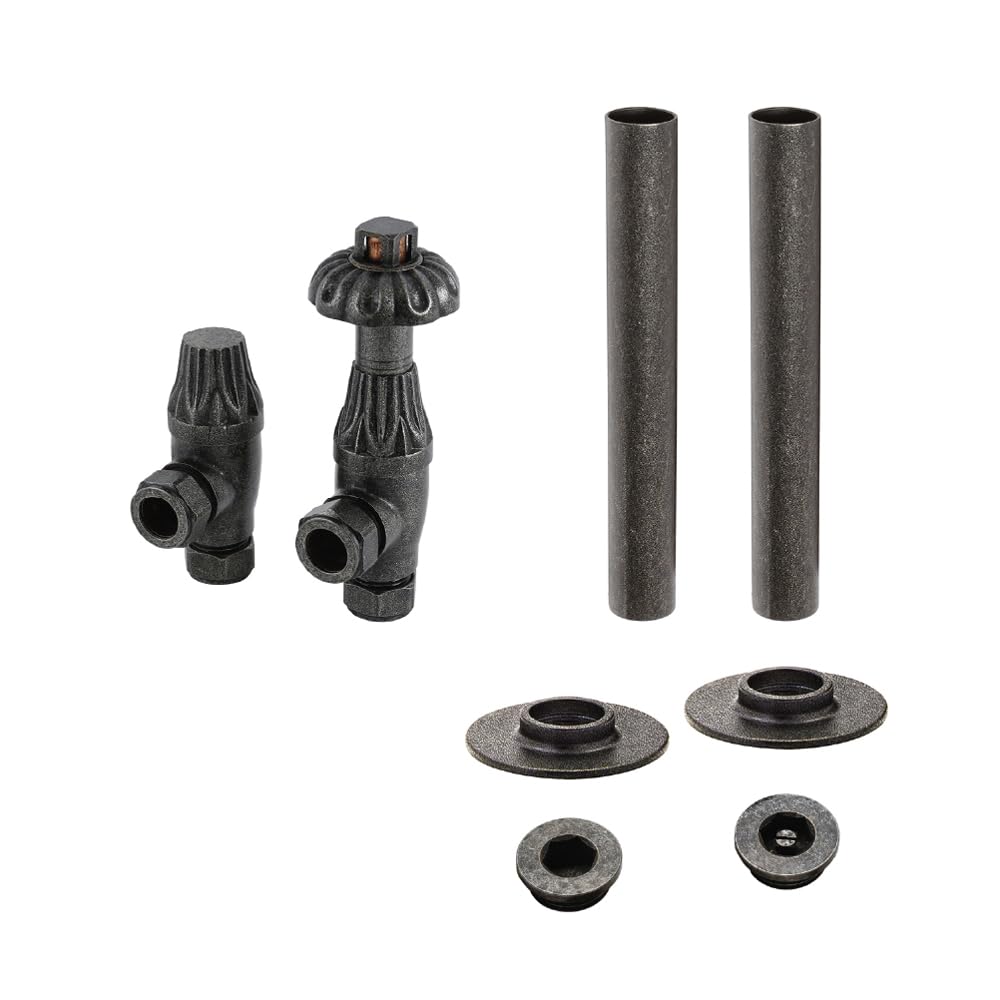 Milano Pewter Angled Heated Towel Rail Radiator Thermostatic Lockshield Valve Pipe Sleeve