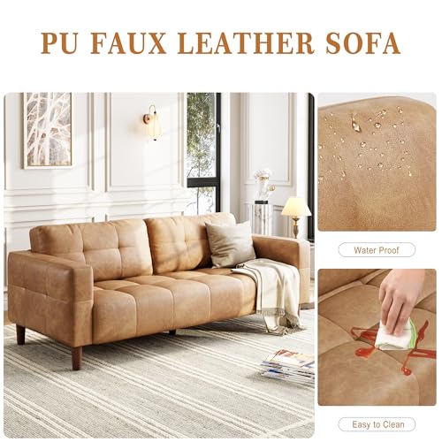Image of IDEALHOUSE 83 inch Brown Faux Leather Couch, 3 Seater Sofa Couches