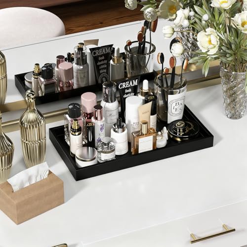 Image of ZHWS Black Bathroom Vanity Tray for Countertop Perfume Makeup Jewelry Candle Decor, Kitchen Tray for Soap Dispenser Spice Salt, Large Black Tray for Toilet Tank Paper, Serving Nightstand 13 inchx6.5 inch