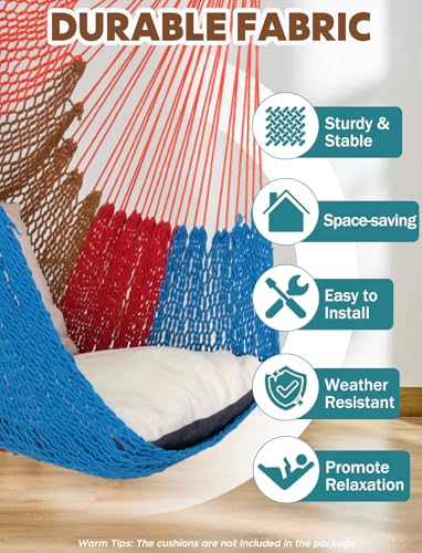 Image of Chihee Handwoven Hammock Chair 7.9ft Detachable Strong Metal Spreader Bar | Stretchy Cotton Blended Rope Large Hanging Chair Ventilated Mesh Swing Seat Color Blocking Portable Carry Bag Indoor Outdoor