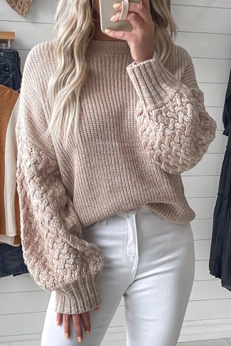 Women's Solid Color Long Sleeve Sweater Knitted Round Neck Bubble Sleeve Pullover Top2