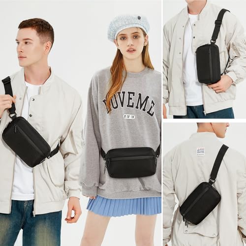 Long Keeper Torba crossbody 1,5 l dla mężczyzn kobiet minimalistyczna mała torba na ramię na klatkę piersiową bieganie podróż codzienne noszenie regulowany pas talia saszetka, Czarny, Minimalne