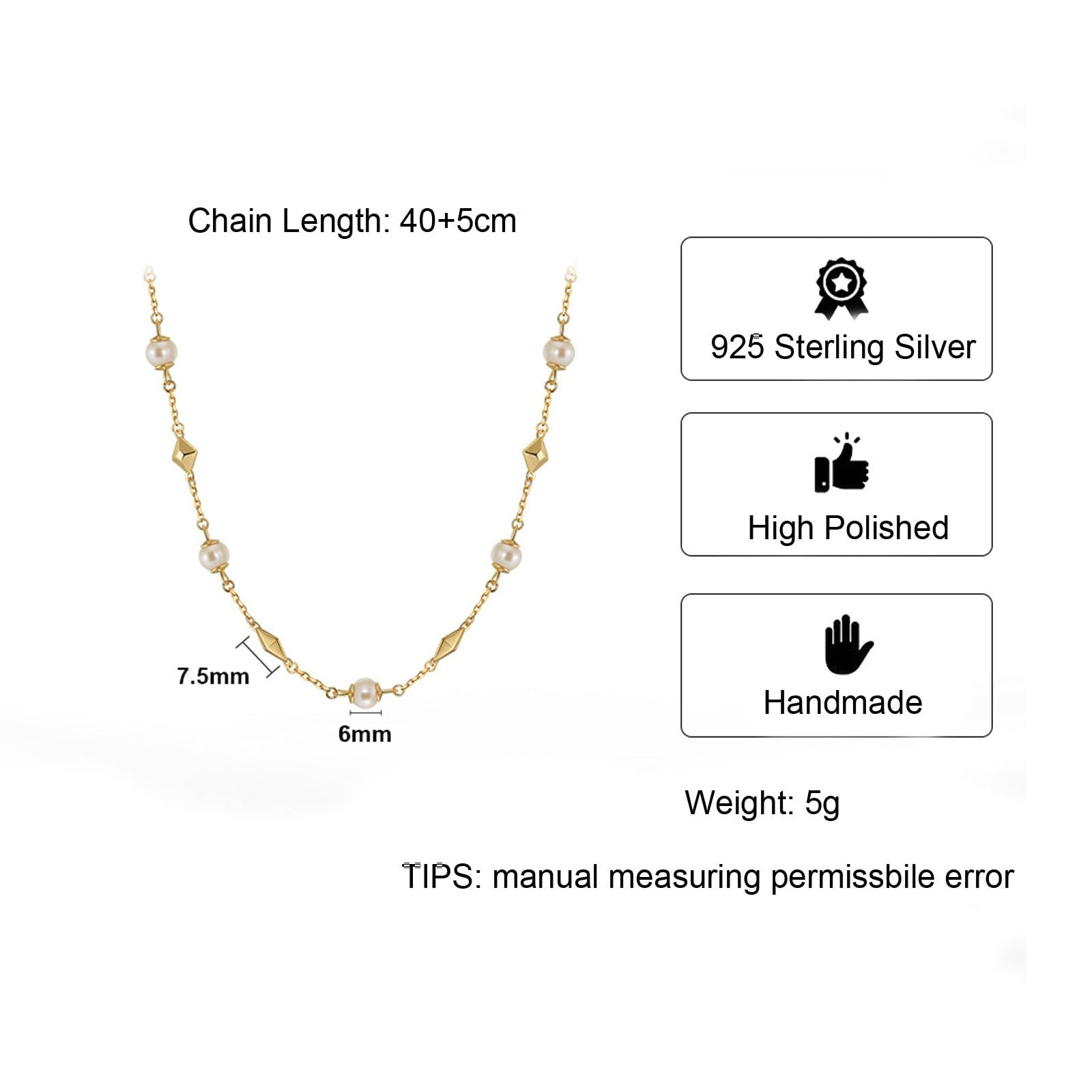 Collana da donna in argento 925, collana da donna in oro, con perle bianche, 45 cm, 45 cm, Argento sterling, Perla