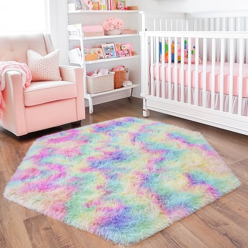 4x4.6 Feet Rainbow Hexagon Rugs for Princess Tent, Ultra Soft Fluffy Hexagon Area Rug for Bedroom, Cute Shag Rugs for Girls Room, Fuzzy Plush Carpet for Kids Room Tent Castle Home Decor
