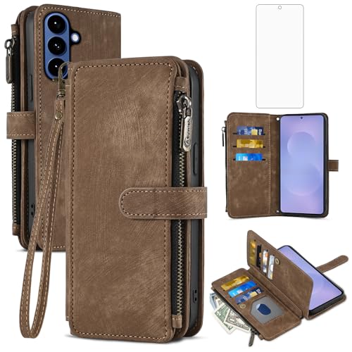 Coque Samsung S26 Plus Asuwish portefeuille marron en cuir à clapet avec protège-écran