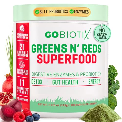 GOBIOTIX Super Greens Powder with Organic Spirulina - Superfood Supplement with Fruit Blend, Probiotics and Enzymes for Digestive Health - Vegan, Non-GMO - 30 Servings (Pomegranate Raspberry - 1 Pack)