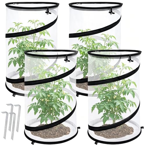 4 Pcs Pop Up Insect Barrier Plant Cover Net 19.6 x 11.8 Round Foldable Plant Protectors Mesh Plant Enclosure Garden Net Cage Guard Cover with Stakes & Carry Bag for Protect Plants from Bird Insect