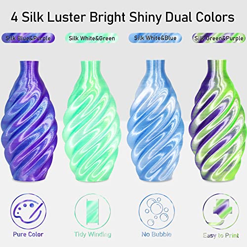 Image of MIKA3D Dual Color Silk PLA 1.75mm 3D Printer Filament Bundle, 4 Spools Pack 2 Color in 1 PLA, Silk Blue Purple, Silk White Green, Silk White Blue, Silk Green Purple, 3D Printing PLA 250g X 4 Spools