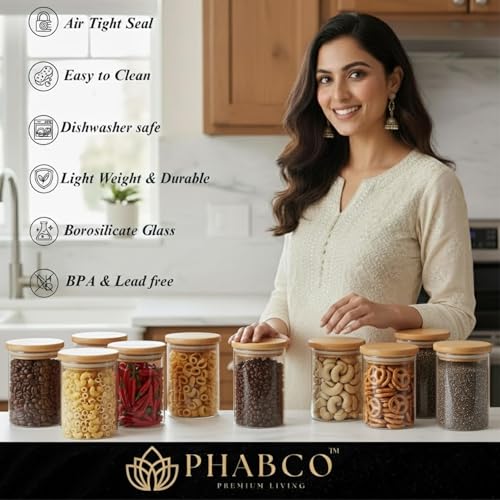 Image of Borosilicate Glass Jars with Bamboo Lids | Airtight Food Grade Containers | Durable Storage Jars for Snacks, Spices, Tea, Coffee & Dry Fruits | Transparent Jars Set of 12 (270 ml Each)