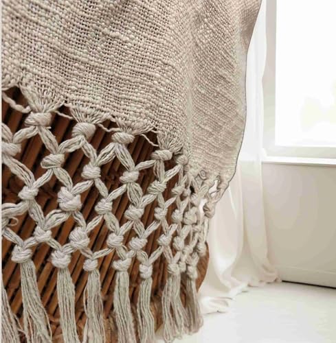 Image of HAKAM Cotton Throw Blanket with Macrame Tassels for 3 Seater Sofa | Ideal for Your Home, Living Room, Sofa, Bed, Chair, Picnic & Used for Gift - 50X70 inch (Biege, Small Single)