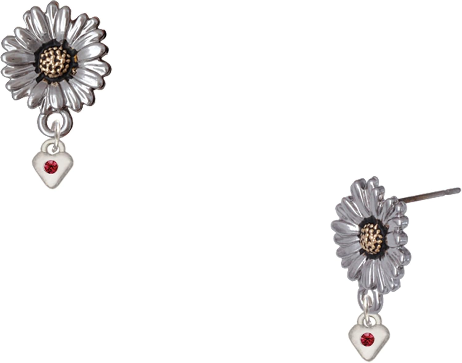 Delight Jewelry Silvertone Mini Birthday Month Crystal Heart Two-tone Daisy Flower Post Earrings