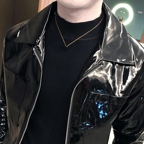 Men's Shiny Zipper PU Outwear Jacket Male Fashion Lapel Patent Leather Long Sleeve Retro Biker Blazer4