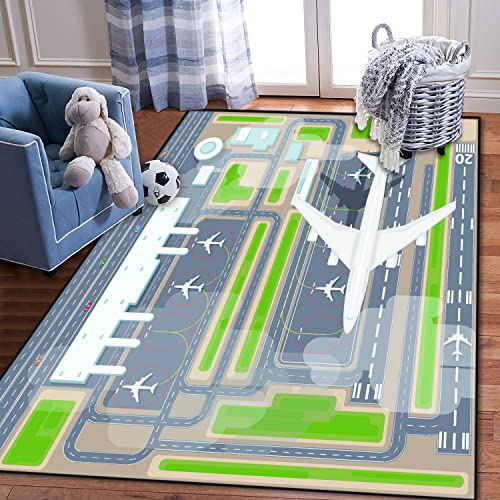 Kids Play Area Rugs Airport Landing Strips top View Aircraft and Airplane Arrival 3D Carpet Extra Large Rug Kids' Bedroom Playroom Nursery Décor for Boys Girls, Learning & Playing 5x8 ft