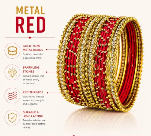 Image of NMII Non-Precious Metal with Base Metal and Zircon Gemstone Studded Ball Chain Linked Glossy Finished Silk thread Bangle set for Women and Girls