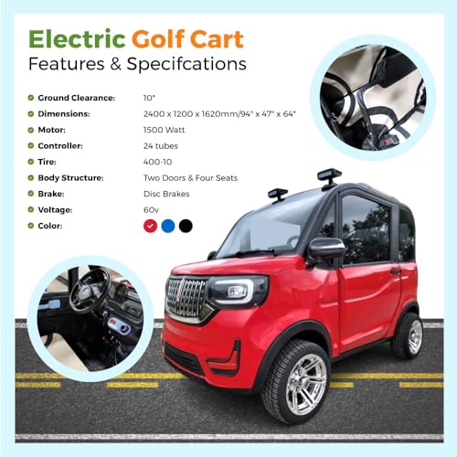 Coco Coupe Electric Golf Carts | 4-Passenger Low Speed Electric Golf Cart with AC/Heat, 1500 Watts, 60V Battery with 110V Standard Outlet (Red Color) 4 Seats Golf Cart
