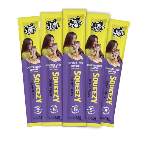 Image of Toptail Squeezy Creamy Treats for Cat | Chicken & Liver Flavour | 60 Grams (12g x 5 Sachets) | Creamy Lickable Treats for Cats, Rich in Omega-3 & 6 Fatty Acids