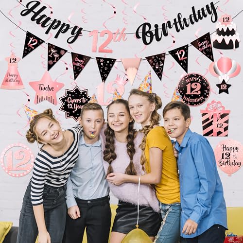 Image of 12th Birthday Decorations for Girls Rose Gold Pink Pre Strung Happy 12th Birthday Banner and Hanging Swirls 12 Year Old Party Decorations Supplies