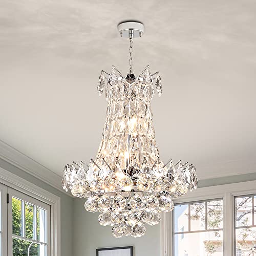 MaxaxModern Crystal Chandelier, K9 Raindrop Luxury Ceiling Light, 6 Lights Adjustable Hanging Pendant Lighting, G9 Base, for Dinning Room, Living Room, Home Decor, Chrome